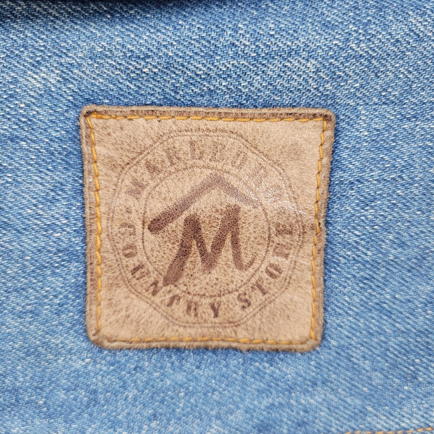 VTG Marlboro Country Store Blue Denim Leather Collar Button Jean Jacket Size XL