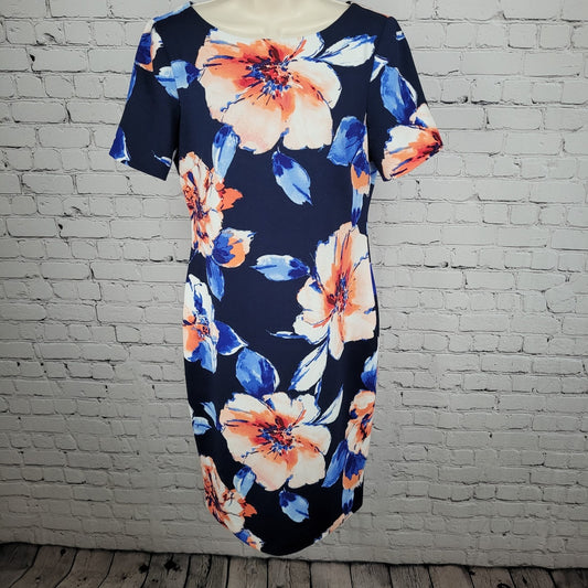 Tahari Navy Floral Short Sleeve Back Zip Slit Stretch Lined Shift Dress Size 6