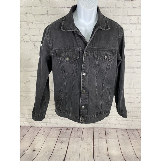 Nickelodeon Black Denim Jacket Peace Anarchy Lotus Patches W/ Pockets M