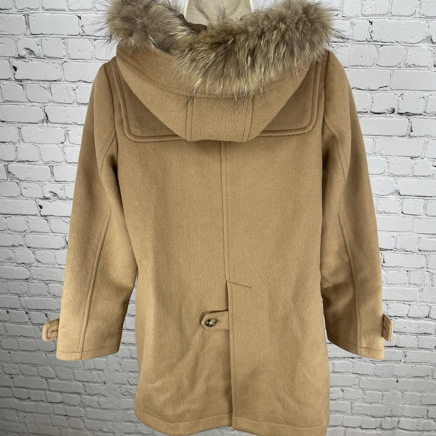 VTG Raybeams Tan Wool Blend Genuine Fur Trim Hooded Toggle Closure Coat Size 0