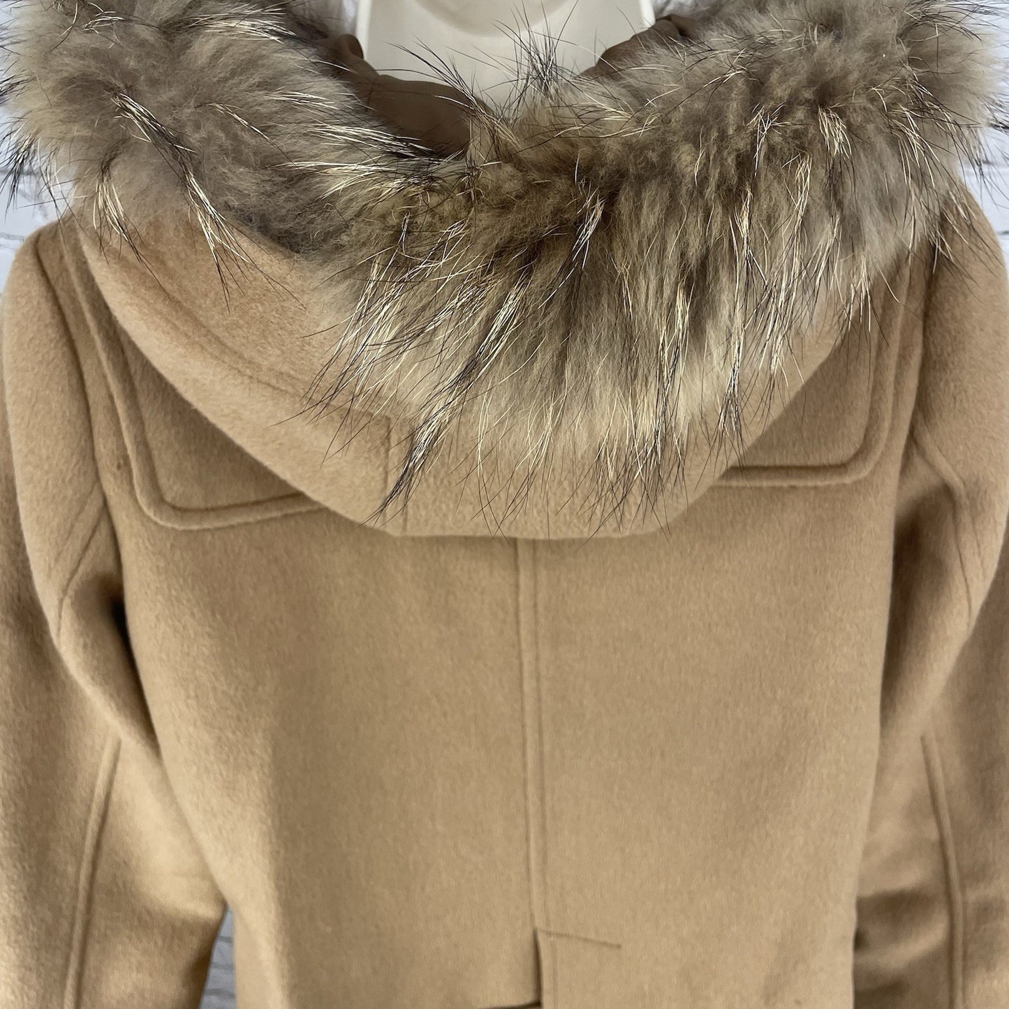 VTG Raybeams Tan Wool Blend Genuine Fur Trim Hooded Toggle Closure Coat Size 0
