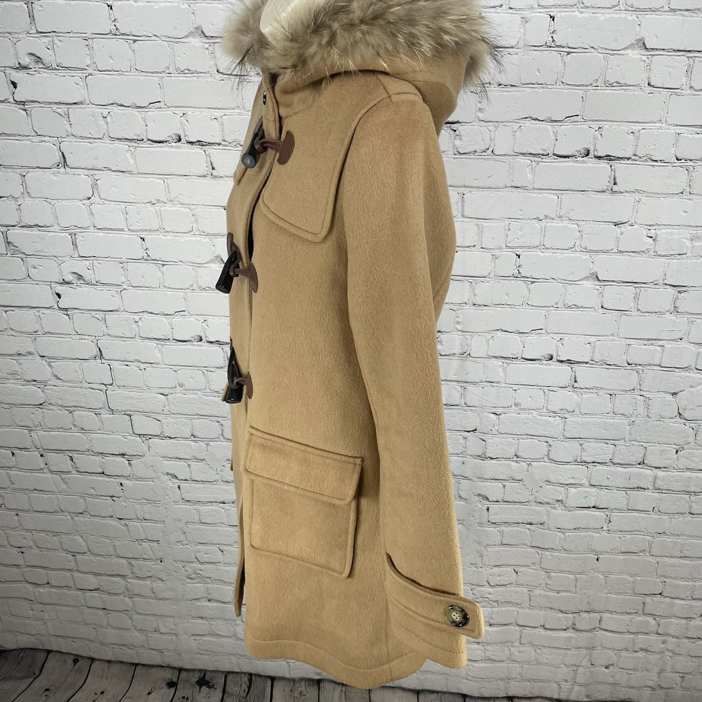 VTG Raybeams Tan Wool Blend Genuine Fur Trim Hooded Toggle Closure Coat Size 0