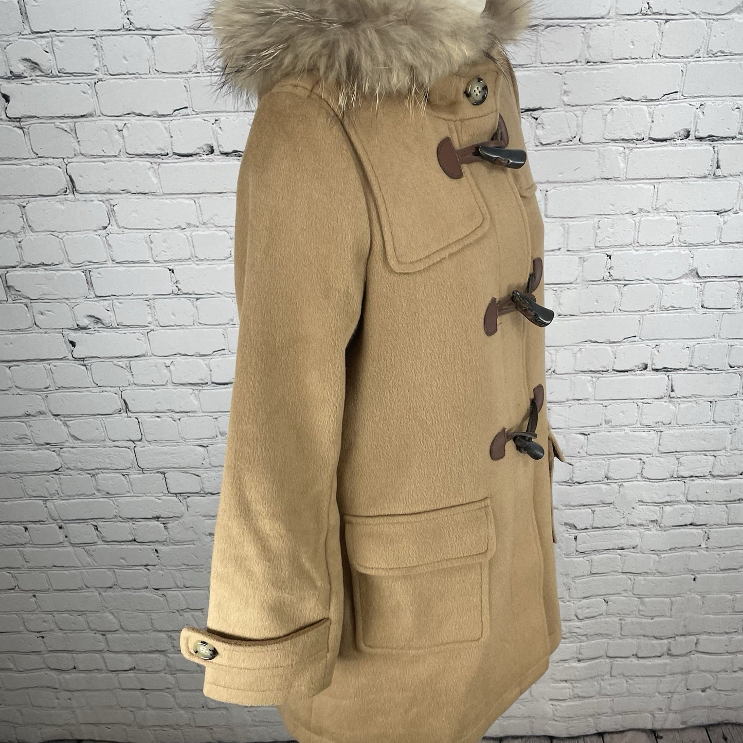 VTG Raybeams Tan Wool Blend Genuine Fur Trim Hooded Toggle Closure Coat Size 0