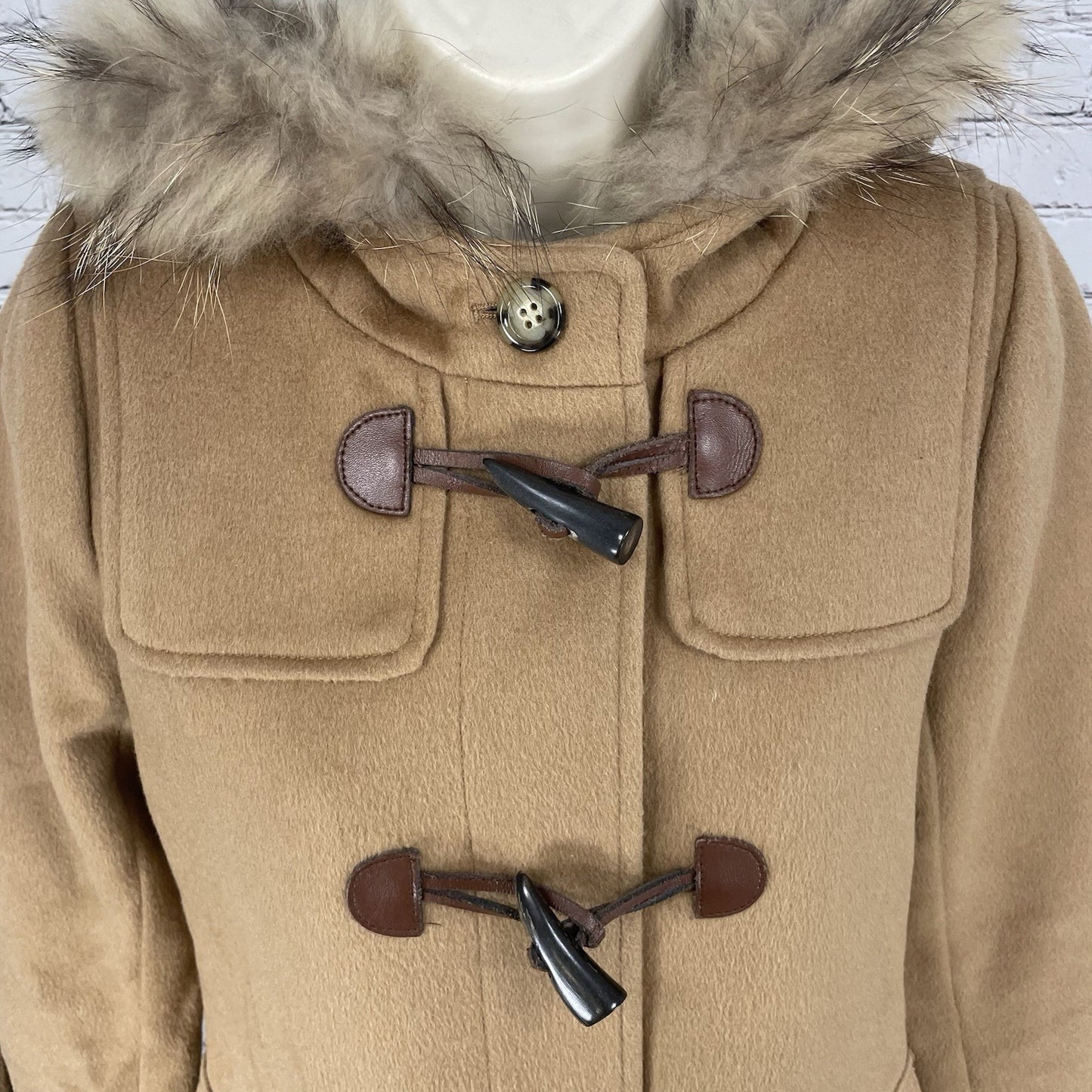 VTG Raybeams Tan Wool Blend Genuine Fur Trim Hooded Toggle Closure Coat Size 0
