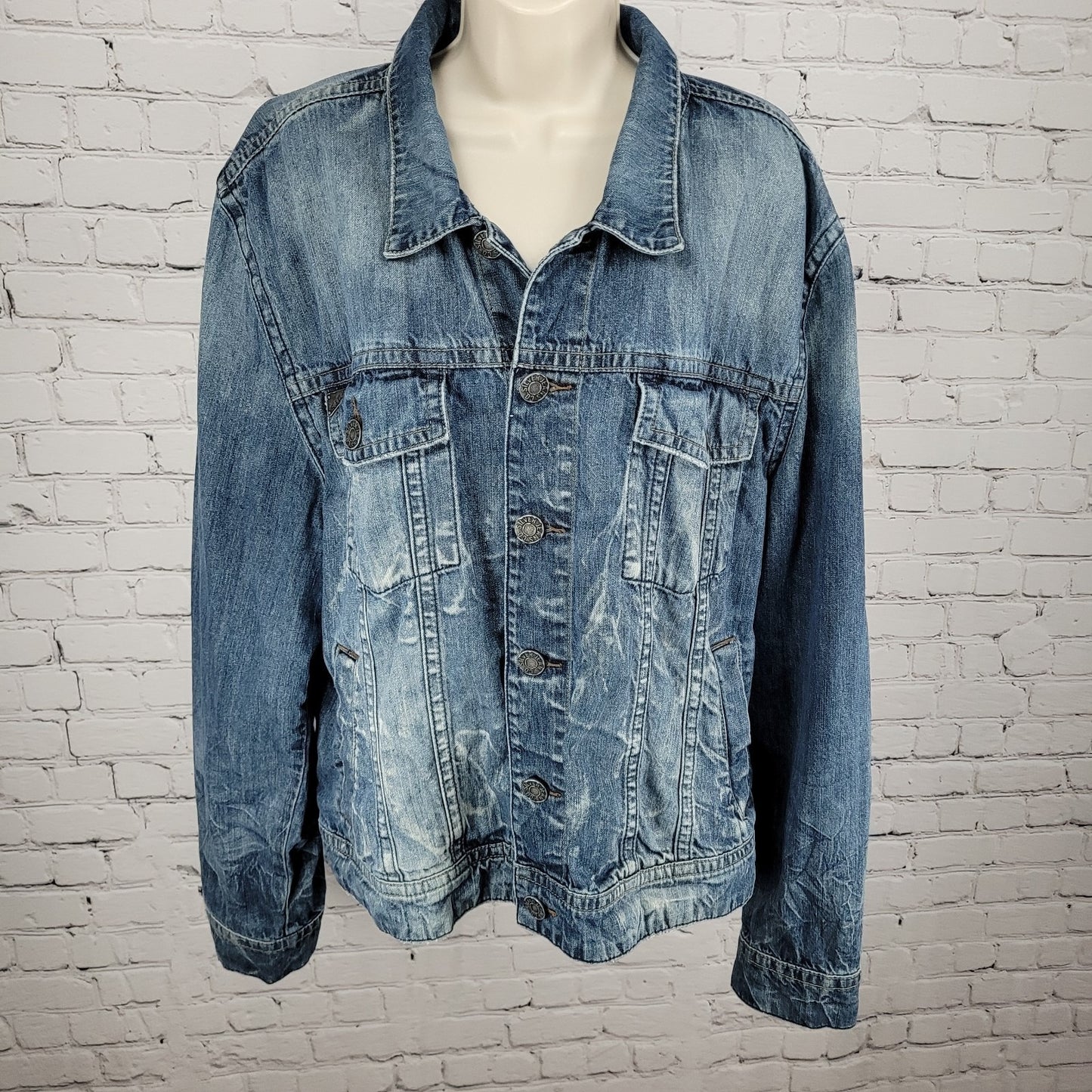 Silver Jeans Blue Denim Western Glove Works Distressed Jean Jacket Size XXL