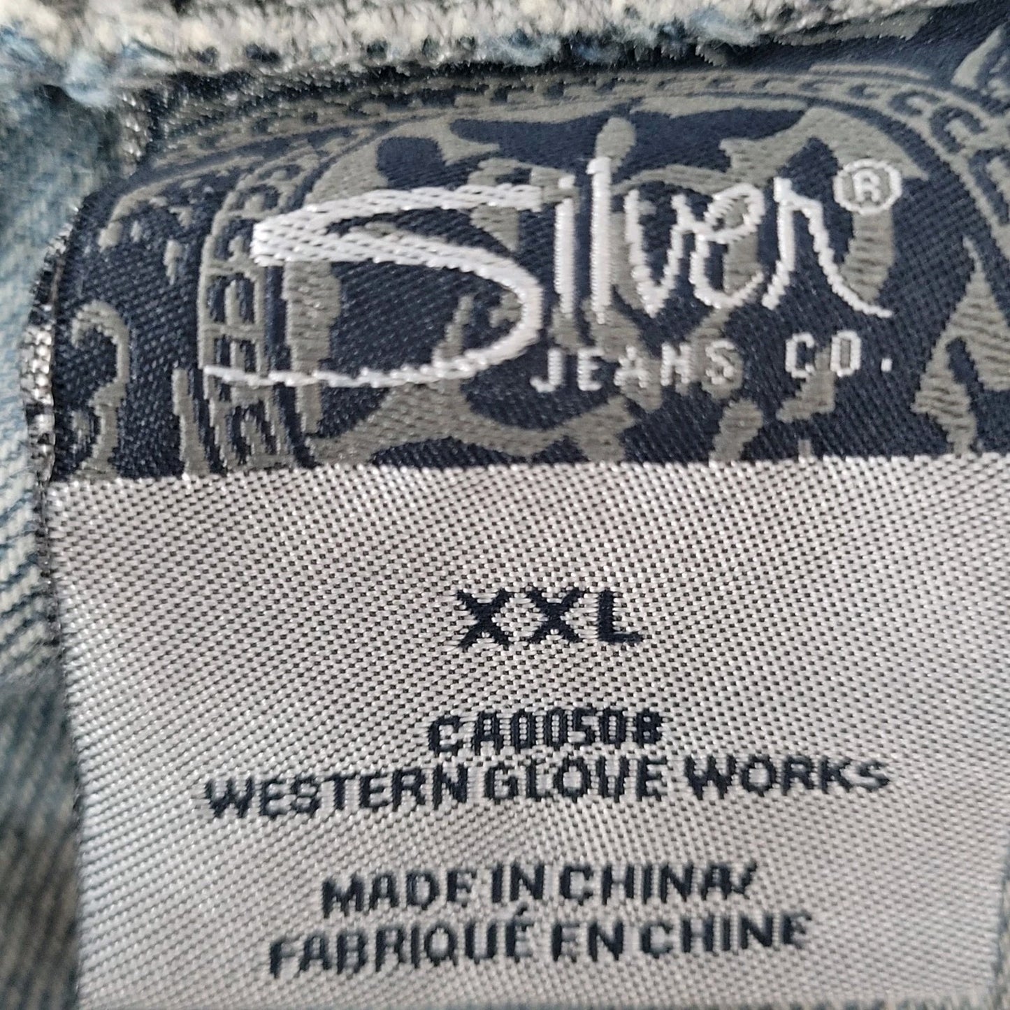 Silver Jeans Blue Denim Western Glove Works Distressed Jean Jacket Size XXL