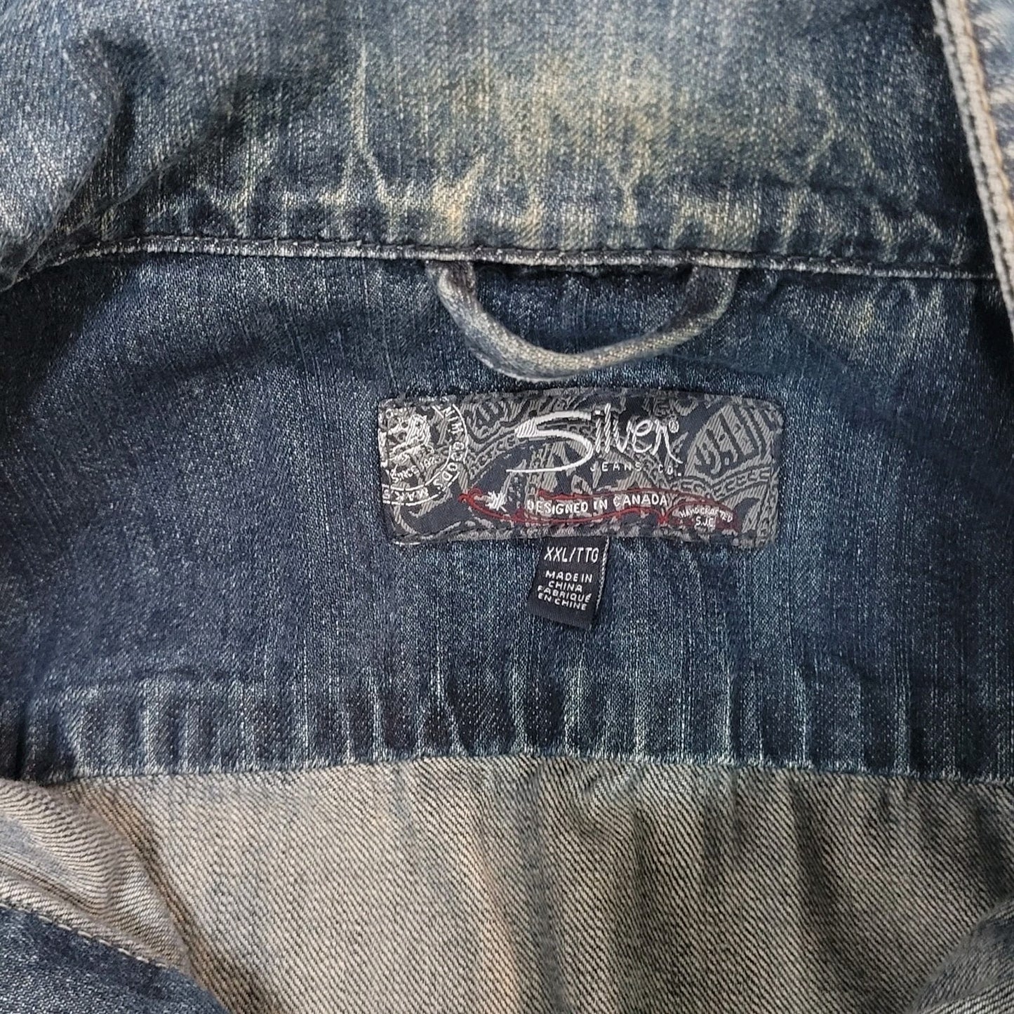 Silver Jeans Blue Denim Western Glove Works Distressed Jean Jacket Size XXL