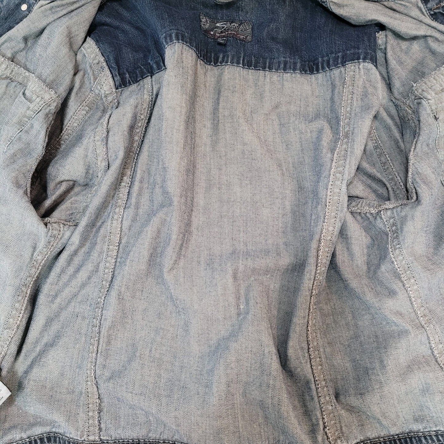 Silver Jeans Blue Denim Western Glove Works Distressed Jean Jacket Size XXL