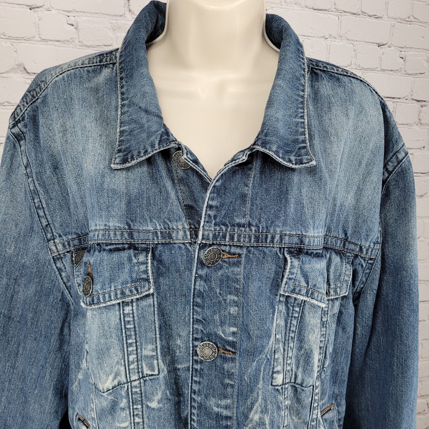 Silver Jeans Blue Denim Western Glove Works Distressed Jean Jacket Size XXL