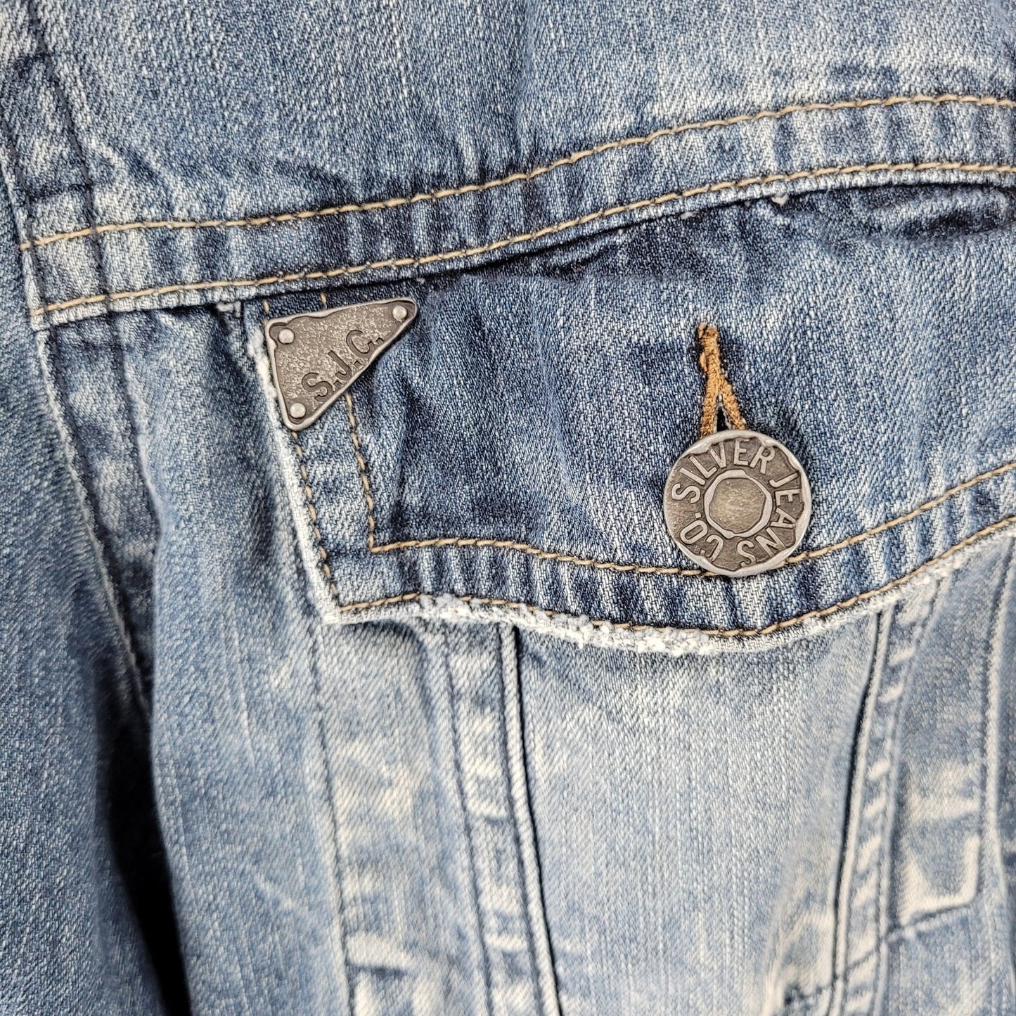 Silver Jeans Blue Denim Western Glove Works Distressed Jean Jacket Size XXL