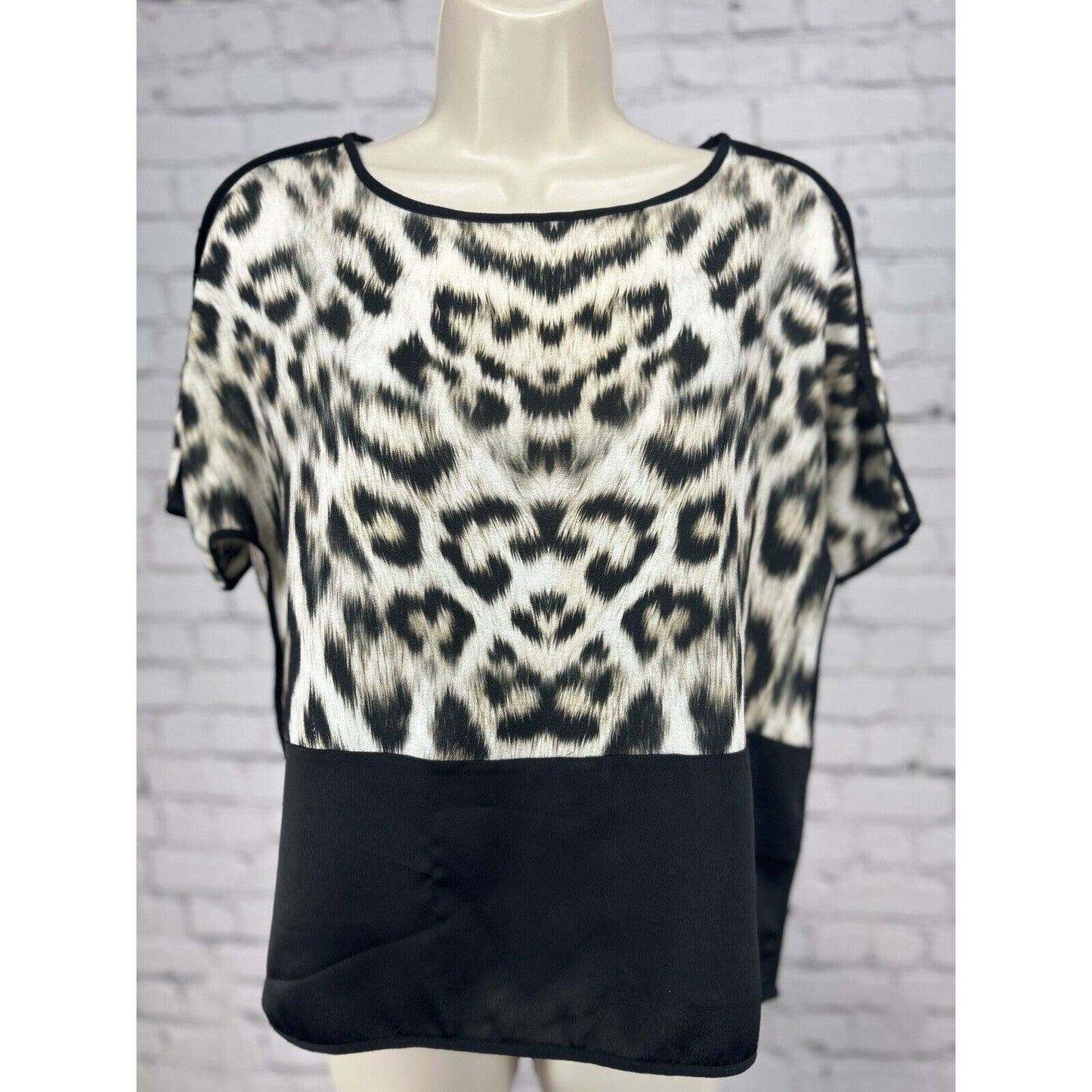 Zara Leopard Color Block Black Trim Short Sleeve Dress Blouse Top Size Small S