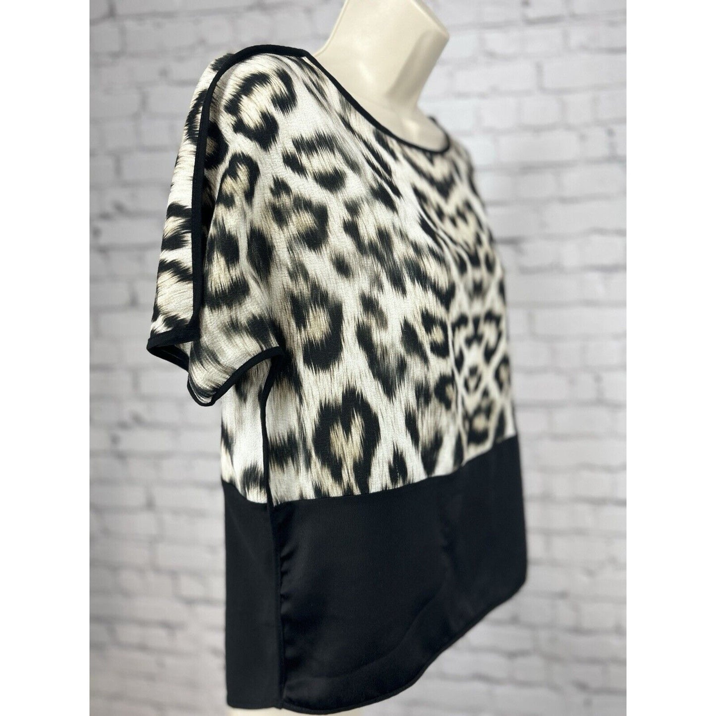 Zara Leopard Color Block Black Trim Short Sleeve Dress Blouse Top Size Small S