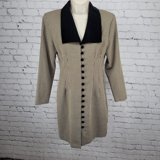 VTG Dawn Joy Fashions Black Beige Velvet Collar Back Tie Dress USA Made Size 6