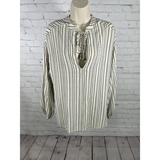 Free People Oversized Cream Gray Stripe Keyhole Neck Boho Bishop Sleeve Top XS