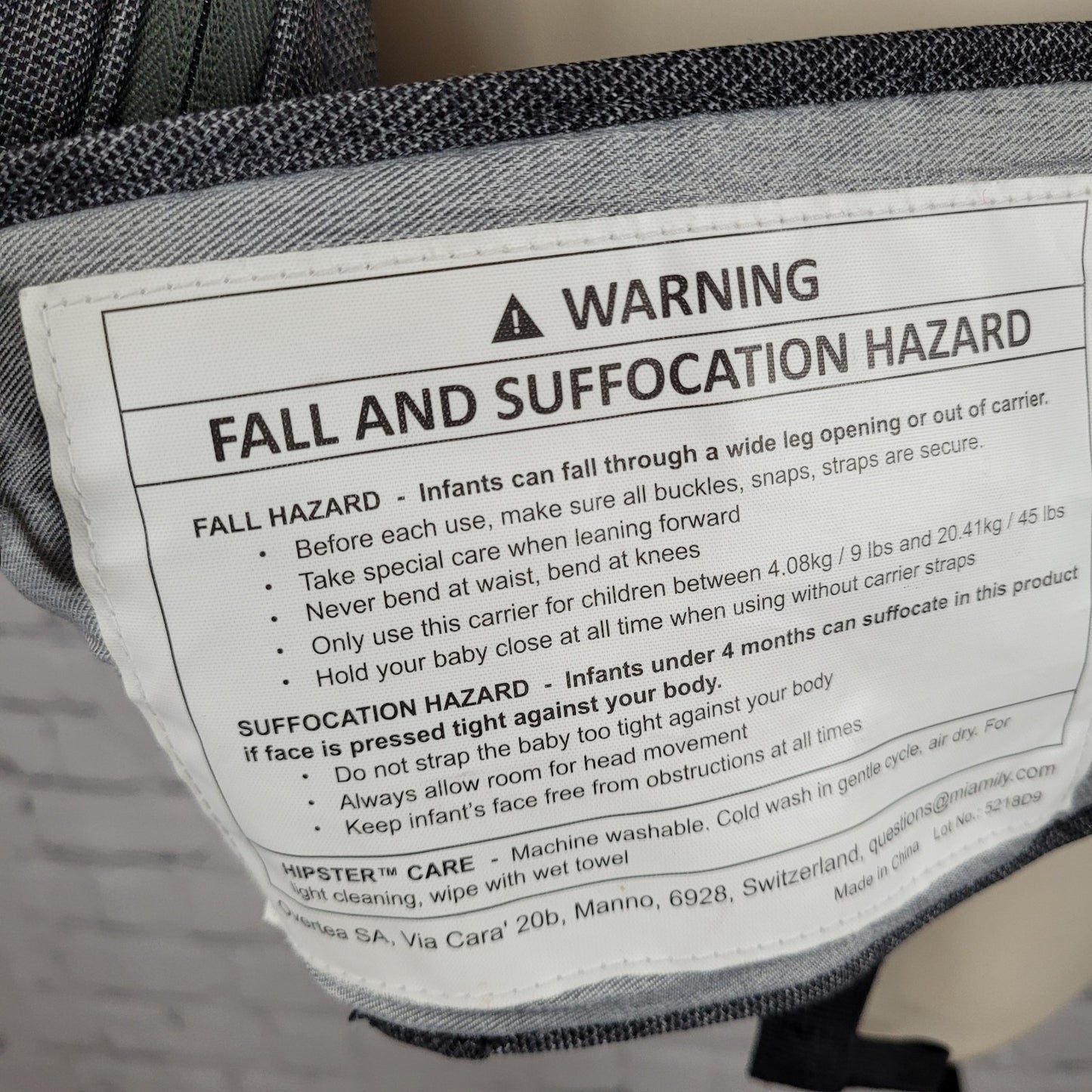 Miamily A Swiss Brand Grey Infant Baby Carrier Adjustable Straps Zipped Bag