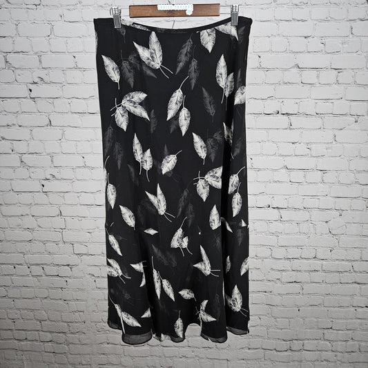 VTG Dana Buchman Black 100% Silk Chiffon Leaves Lined A-Line Maxi Skirt 16