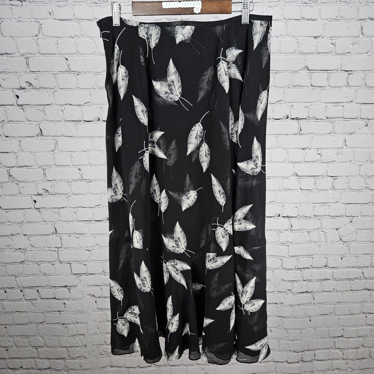 VTG Dana Buchman Black 100% Silk Chiffon Leaves Lined A-Line Maxi Skirt 16