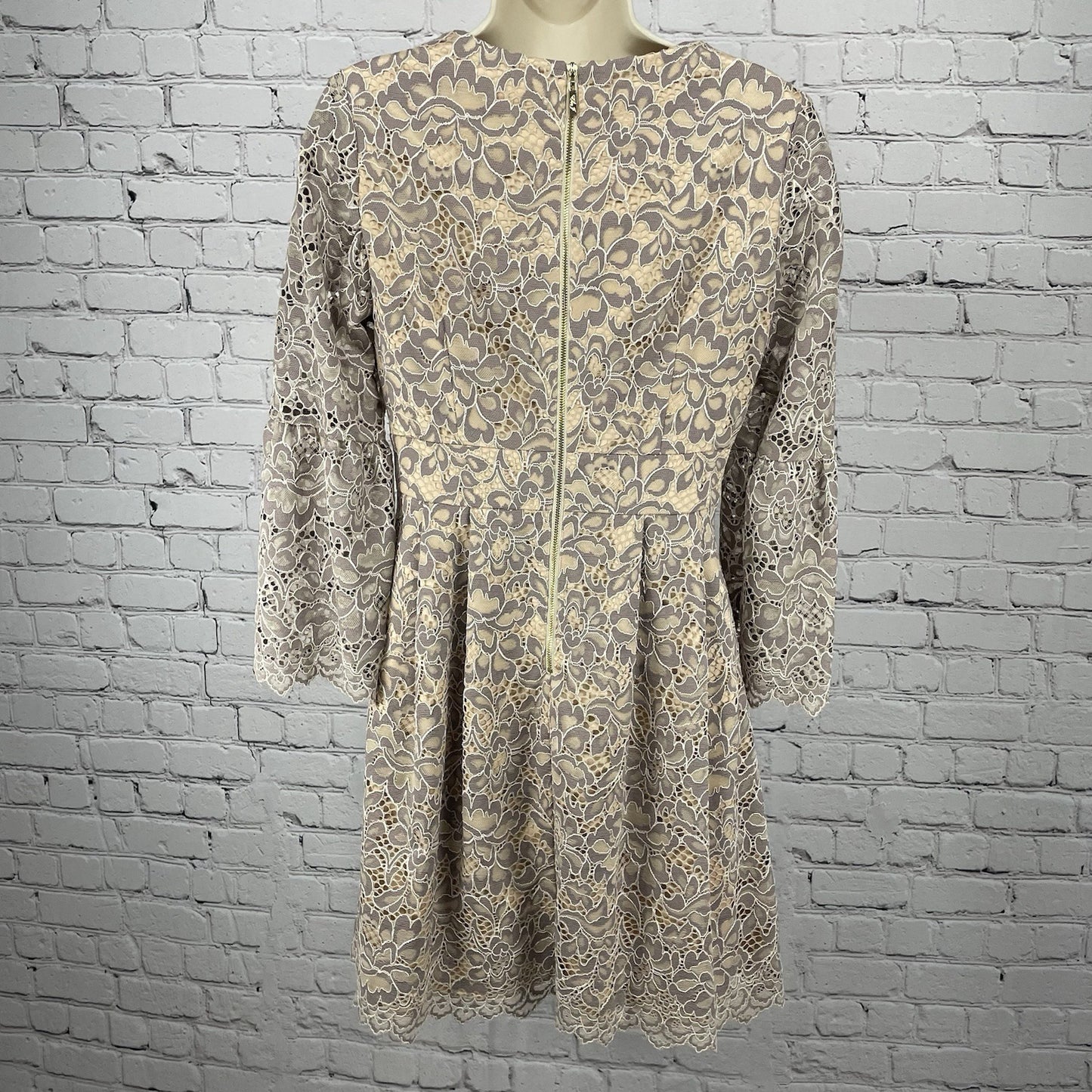 Eliza J Beige Floral Lace Long Bell Sleeve Pleated Lined Zipped Dress Size 4
