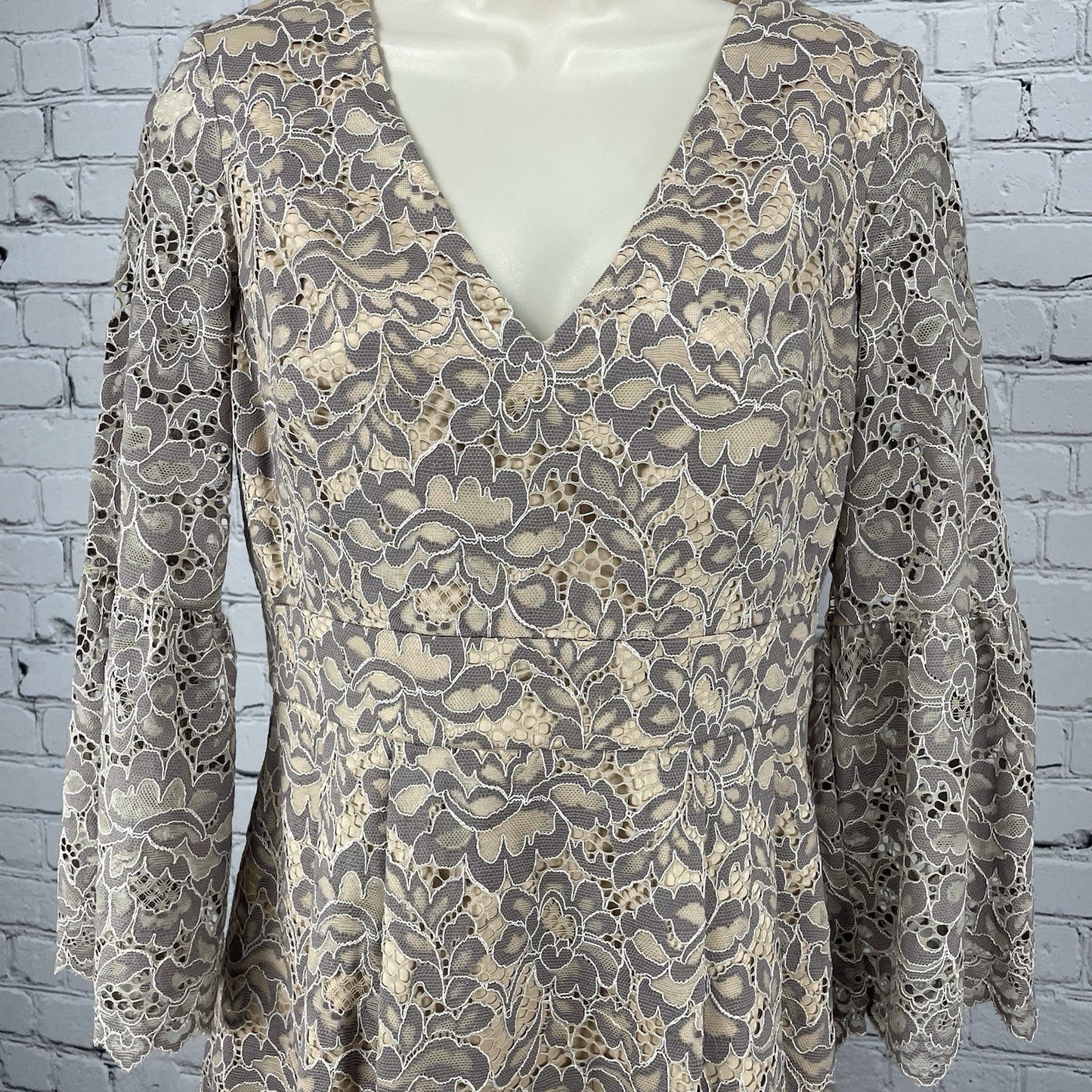 Eliza J Beige Floral Lace Long Bell Sleeve Pleated Lined Zipped Dress Size 4