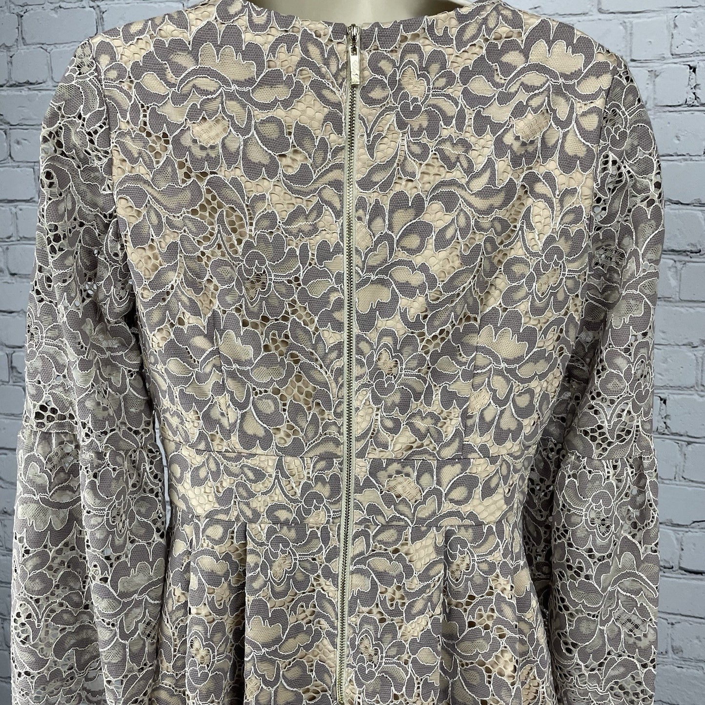 Eliza J Beige Floral Lace Long Bell Sleeve Pleated Lined Zipped Dress Size 4