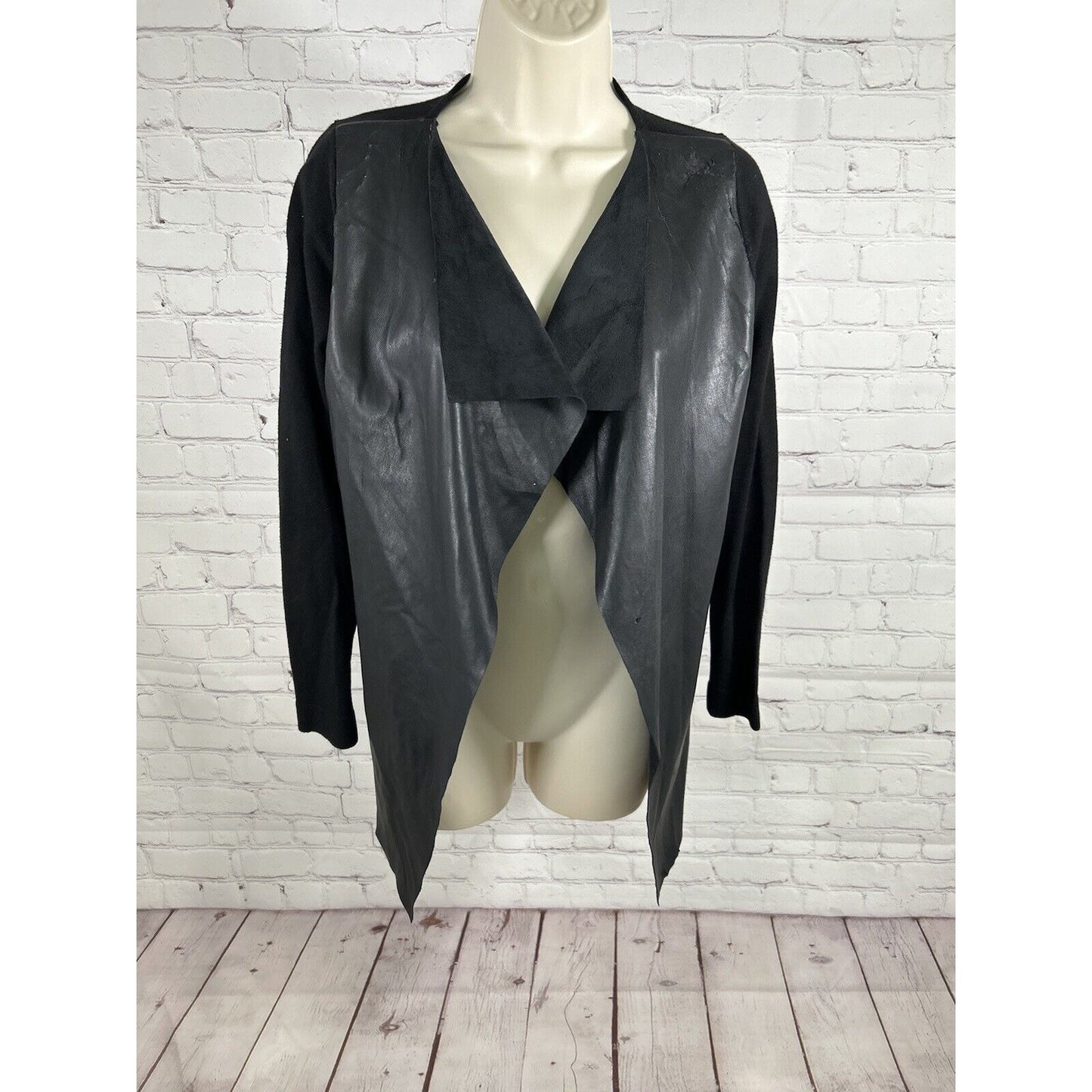 Zara Knit Black Vegan Leather Open Front Waterfall Cardigan Sweater Jacket S