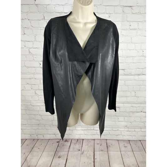 Zara Knit Black Vegan Leather Open Front Waterfall Cardigan Sweater Jacket S