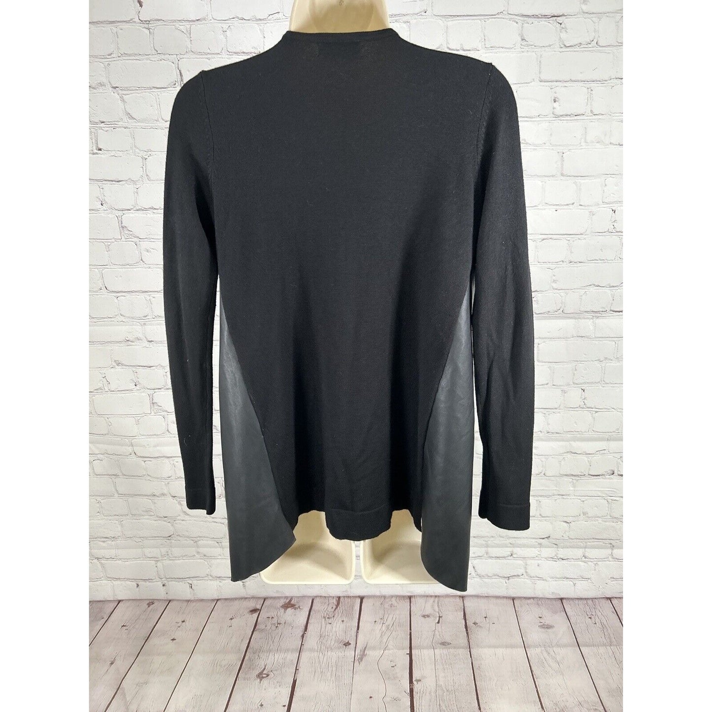 Zara Knit Black Vegan Leather Open Front Waterfall Cardigan Sweater Jacket S