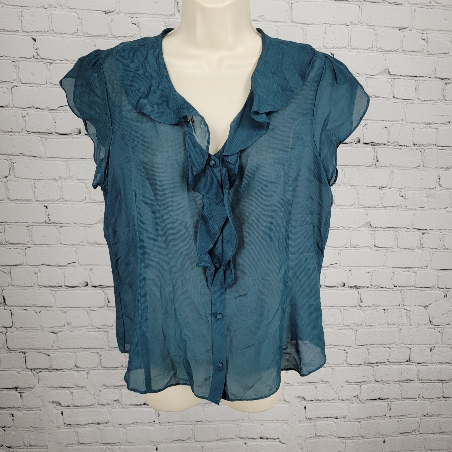 Banana Republic Blue Silk Blend Semi Sheer Buttoned Short Sleeve Blouse Size PL