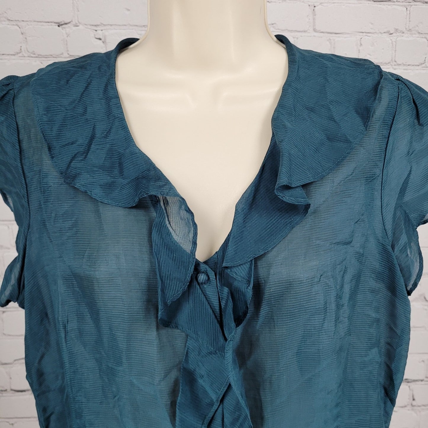 Banana Republic Blue Silk Blend Semi Sheer Buttoned Short Sleeve Blouse Size PL