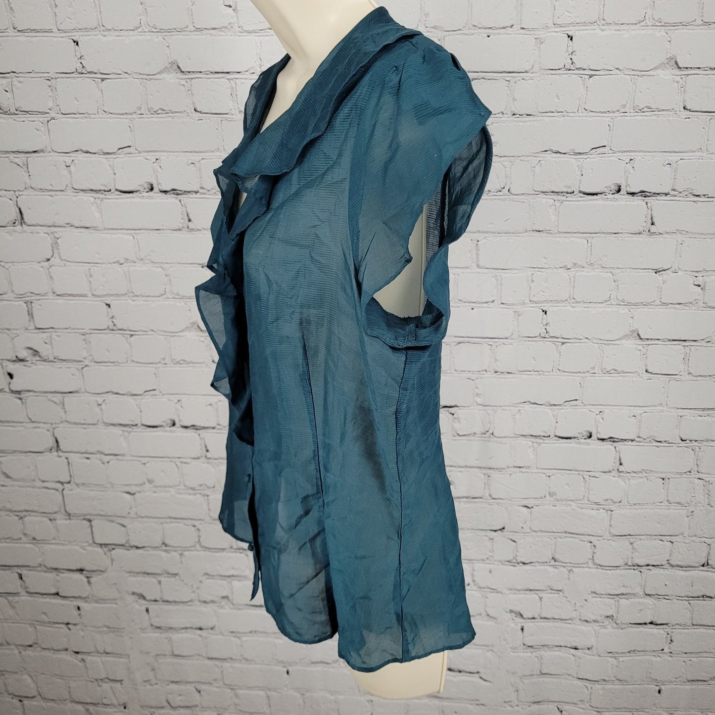 Banana Republic Blue Silk Blend Semi Sheer Buttoned Short Sleeve Blouse Size PL