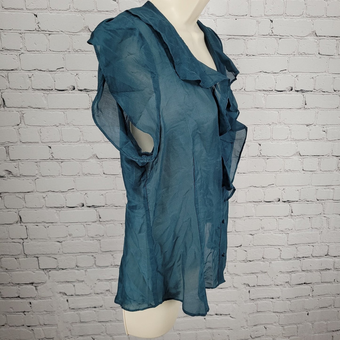 Banana Republic Blue Silk Blend Semi Sheer Buttoned Short Sleeve Blouse Size PL