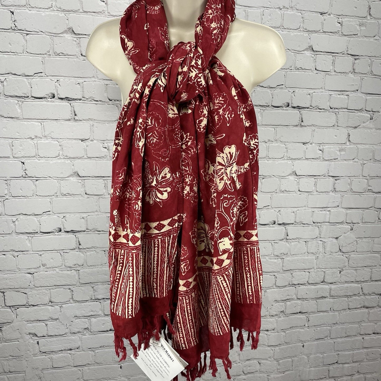 NWT World Market Dark Red Floral Rayon Lightweight Handmade Sarong (73”x45”)