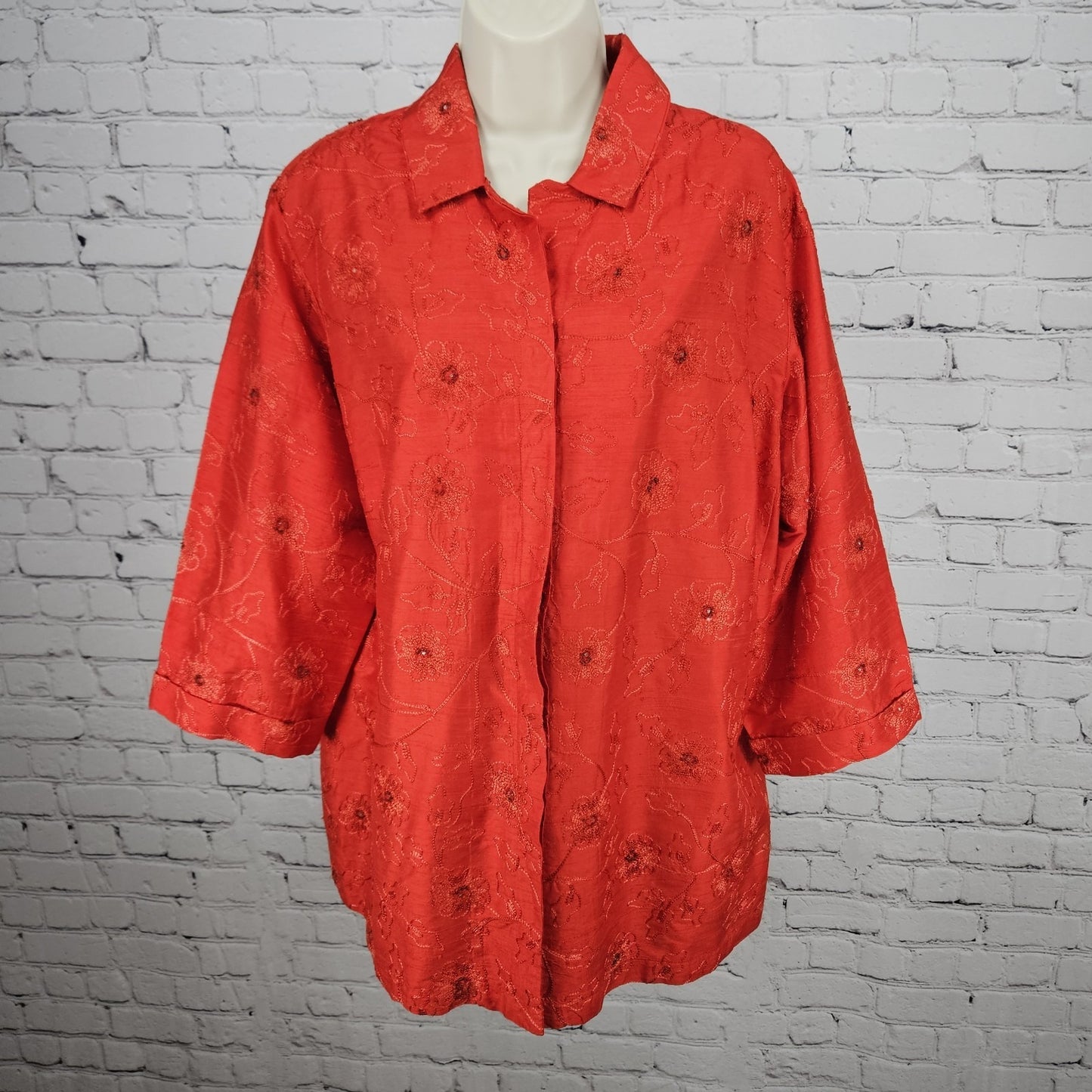 VTG Chico's Design Red Silk Embroidered Flowers Beaded 3/4 Sleeve Top 3 US 16