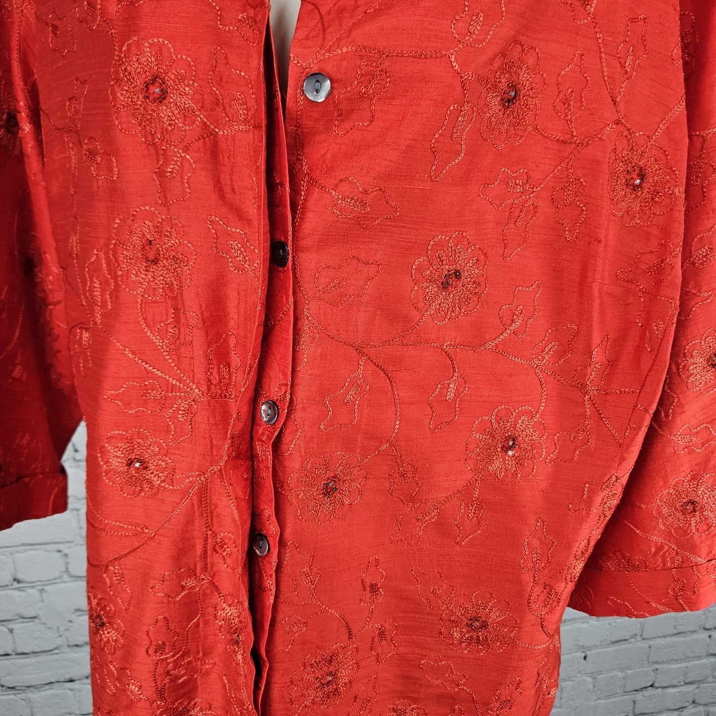 VTG Chico's Design Red Silk Embroidered Flowers Beaded 3/4 Sleeve Top 3 US 16