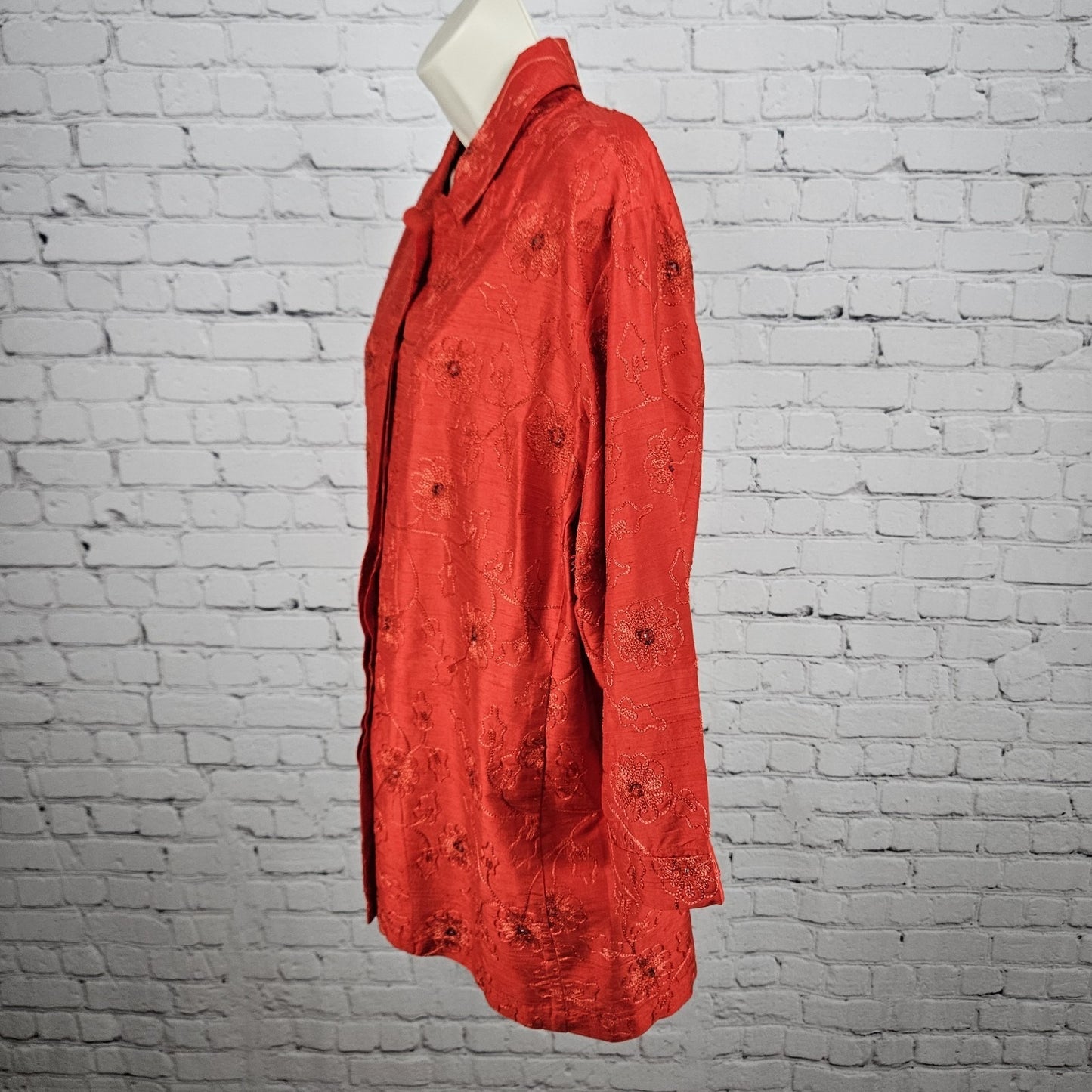 VTG Chico's Design Red Silk Embroidered Flowers Beaded 3/4 Sleeve Top 3 US 16