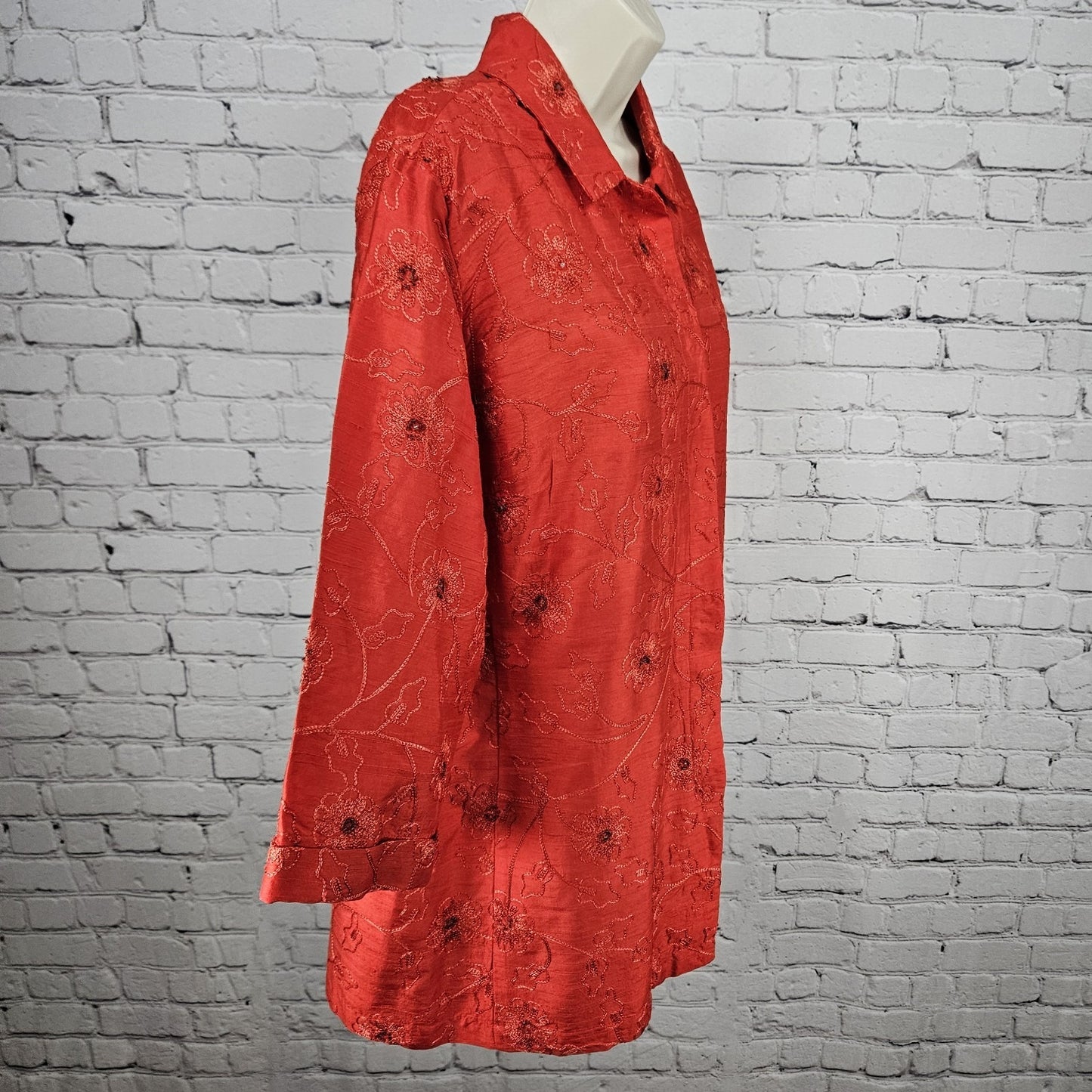VTG Chico's Design Red Silk Embroidered Flowers Beaded 3/4 Sleeve Top 3 US 16