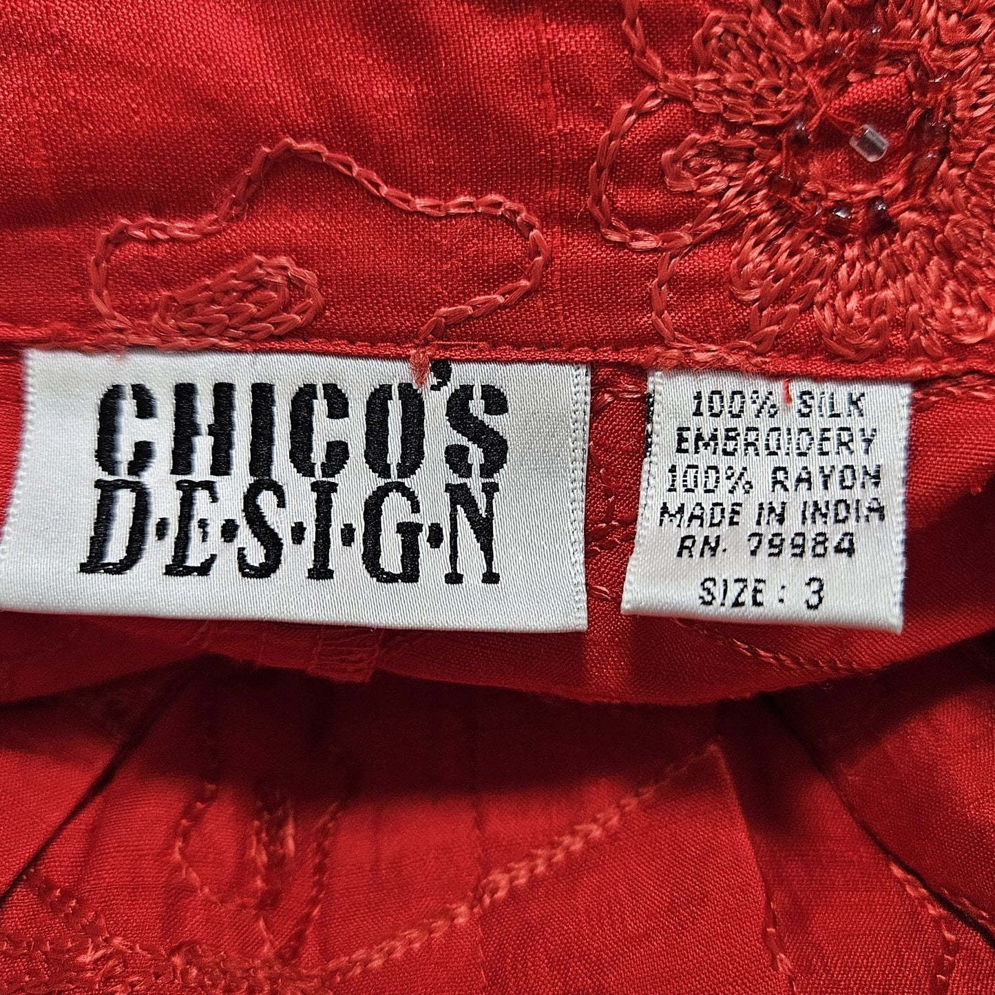 VTG Chico's Design Red Silk Embroidered Flowers Beaded 3/4 Sleeve Top 3 US 16