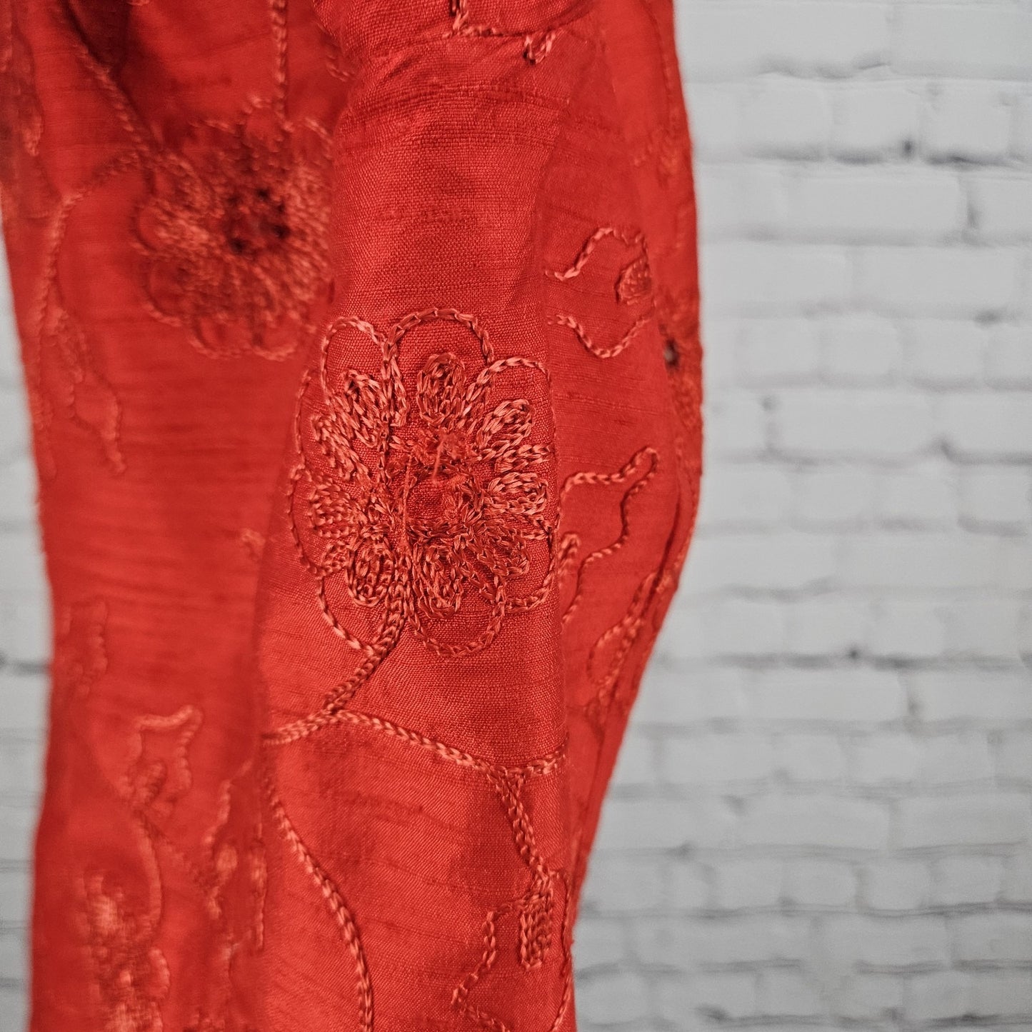 VTG Chico's Design Red Silk Embroidered Flowers Beaded 3/4 Sleeve Top 3 US 16