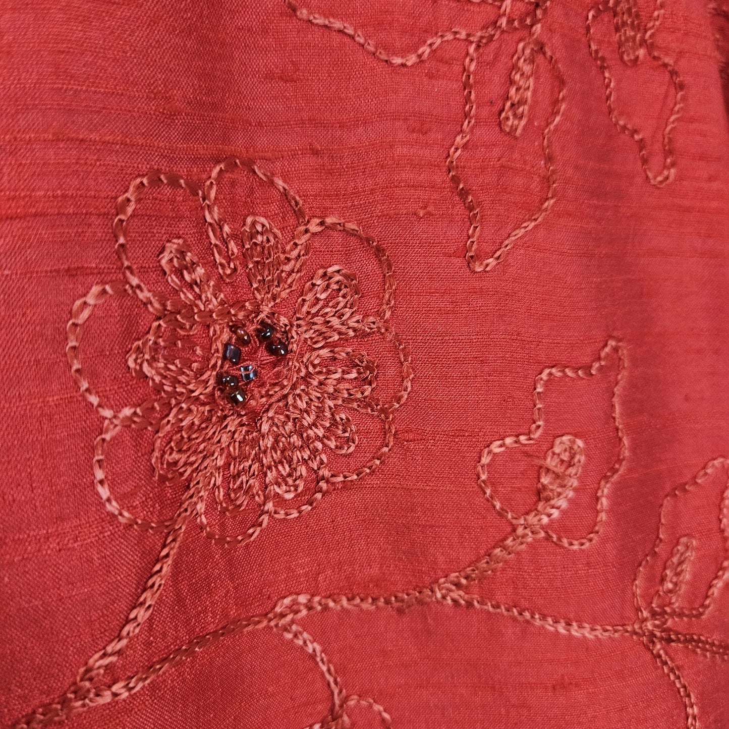 VTG Chico's Design Red Silk Embroidered Flowers Beaded 3/4 Sleeve Top 3 US 16