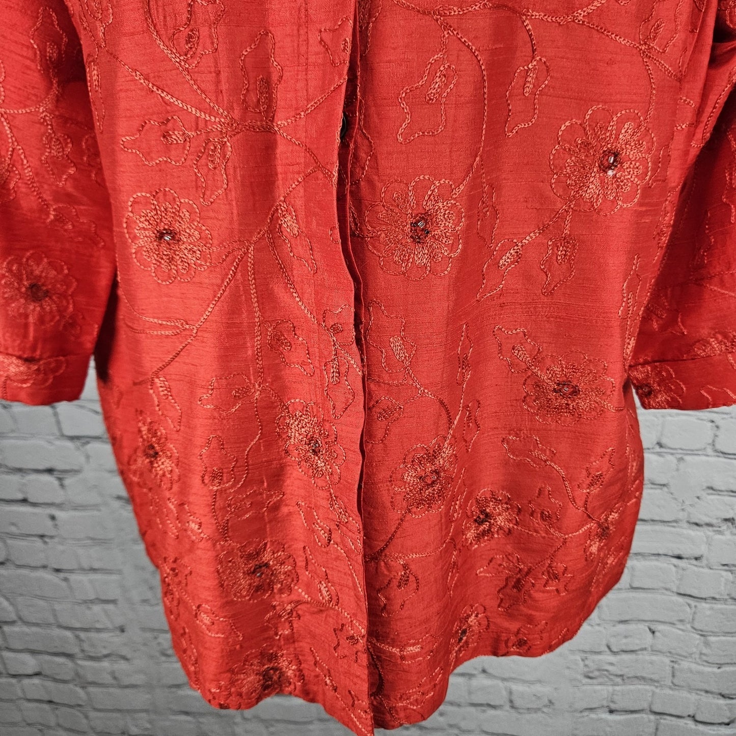 VTG Chico's Design Red Silk Embroidered Flowers Beaded 3/4 Sleeve Top 3 US 16