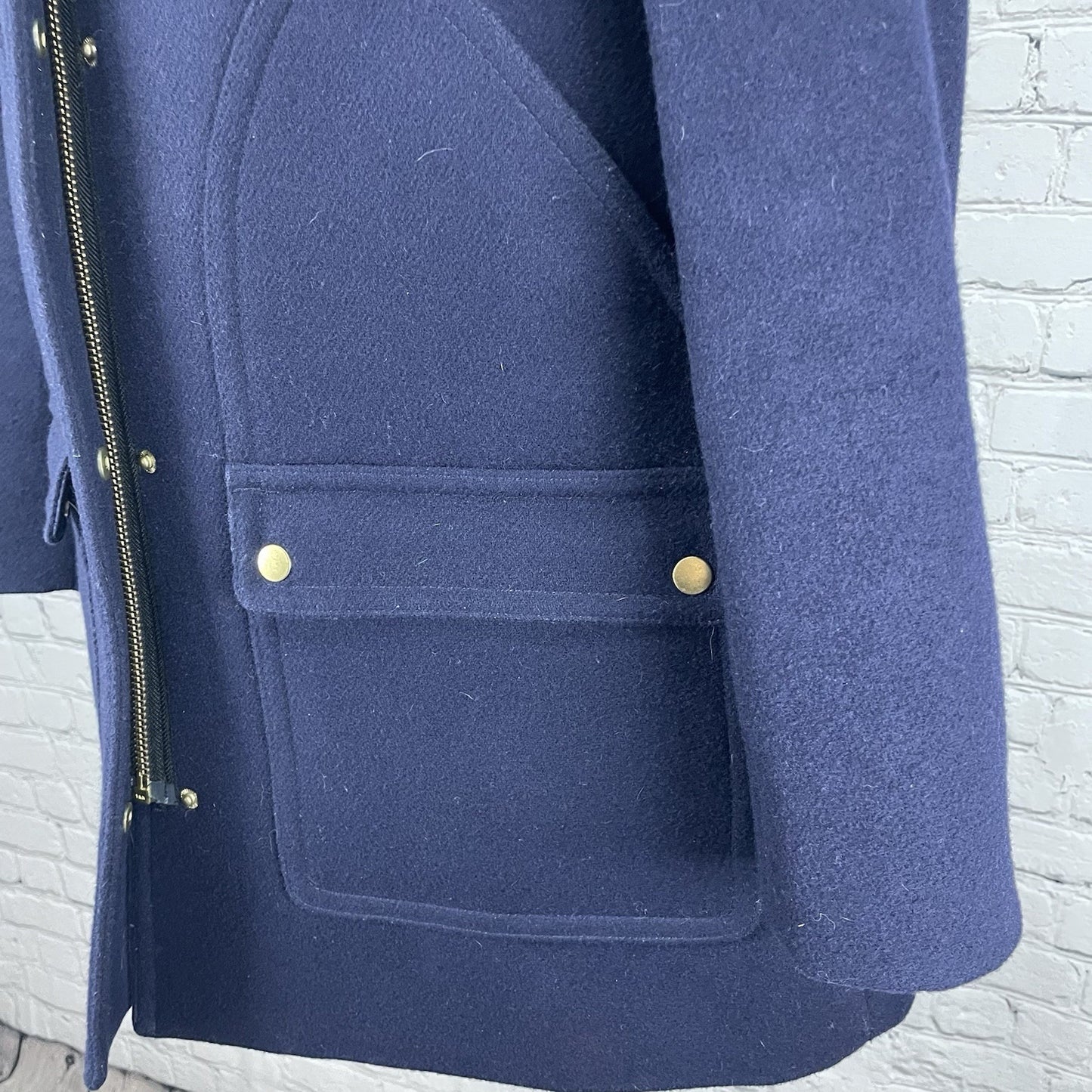 J.CREW Navy Wool Blend Zipped Snapped Removable Fur Trim Hooded Coat Size 10