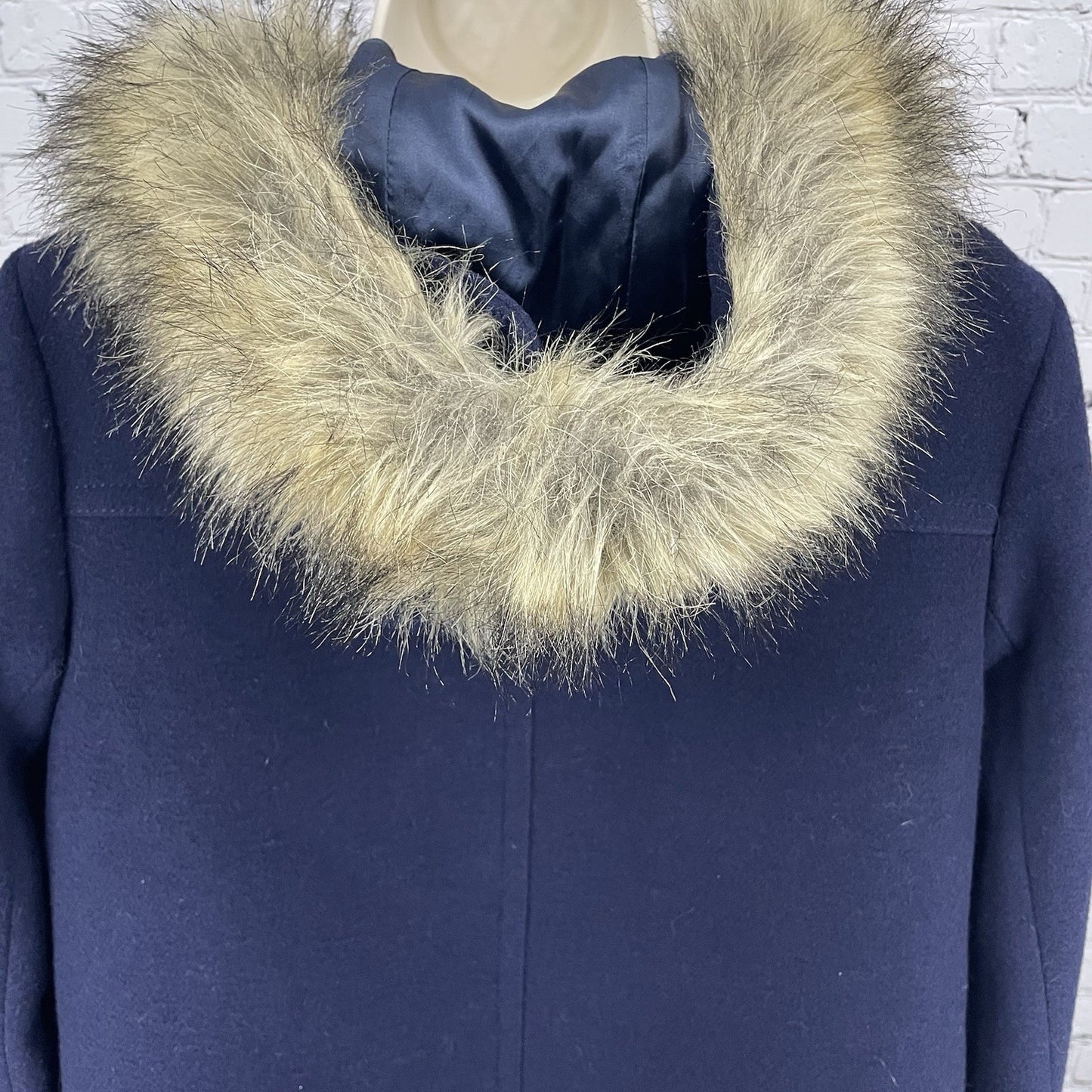 J.CREW Navy Wool Blend Zipped Snapped Removable Fur Trim Hooded Coat Size 10
