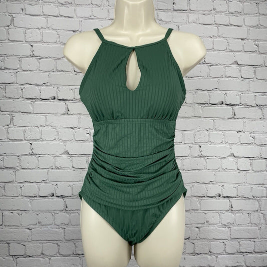 Ellen Tracy Green Striped One Piece Keyhole Removable Padded Swimsuit Size 8