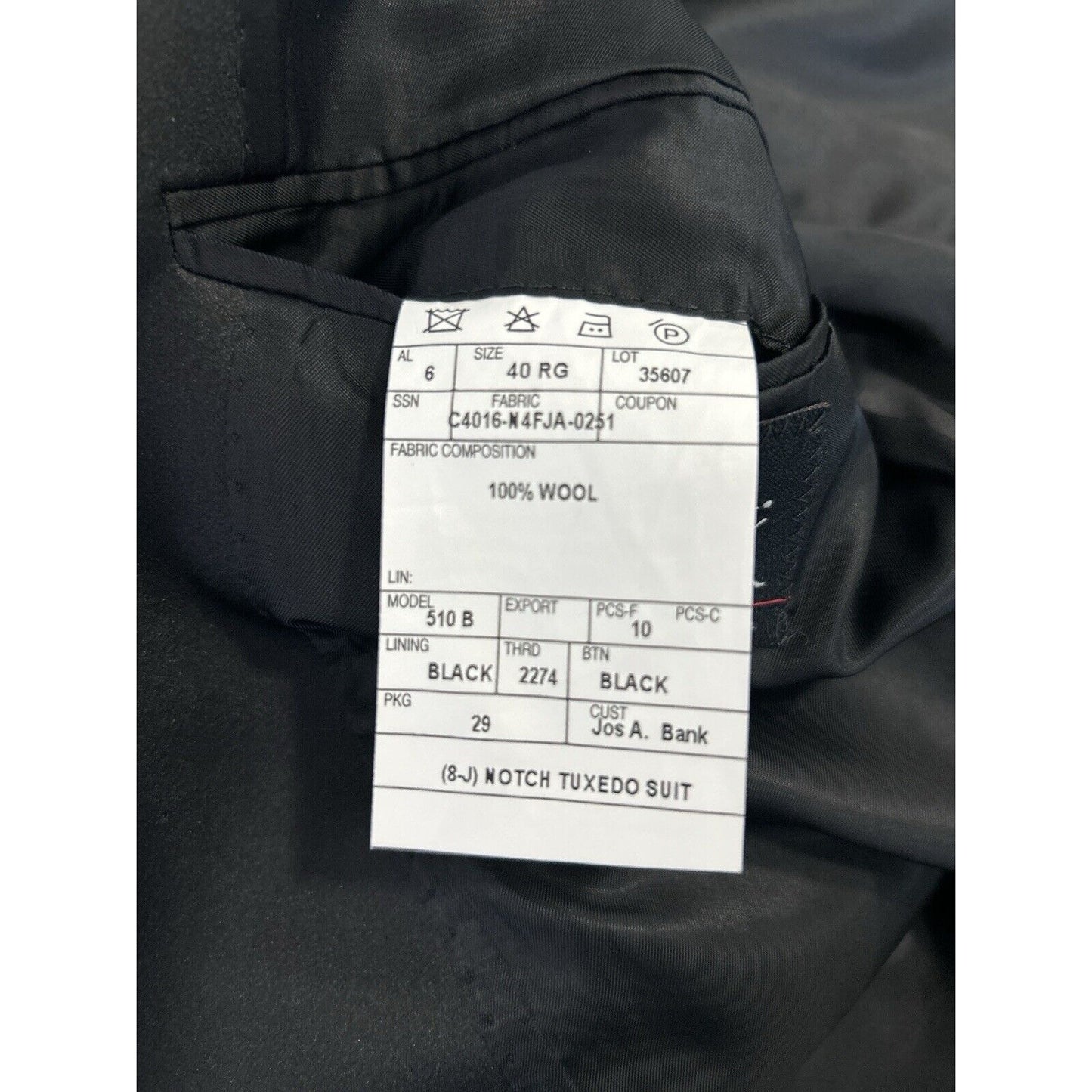 Jos A Bank Solid Black 100% Wool Single Button Vented Notch Tuxedo Suit Size 40R