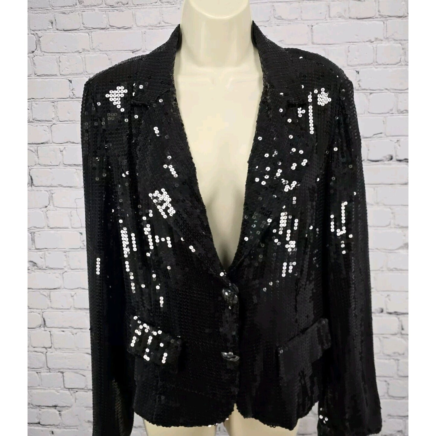 VTG WDNY  100% Silk Sequin Double Snap Faux Button Lined Blazer Black  Size 10