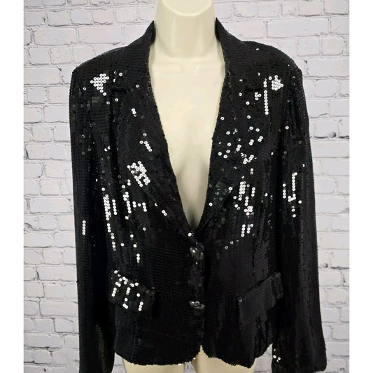 VTG WDNY  100% Silk Sequin Double Snap Faux Button Lined Blazer Black  Size 10