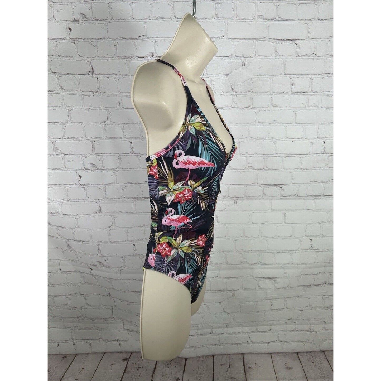 Beach Joy Tropical Floral Deep V One Piece Lace Up Back Swimsuit Women’s S