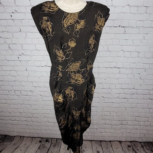VTG Milanzo Black & Gold Floral Shoulder Pad Pegged Midi Dress USA Made Size 11