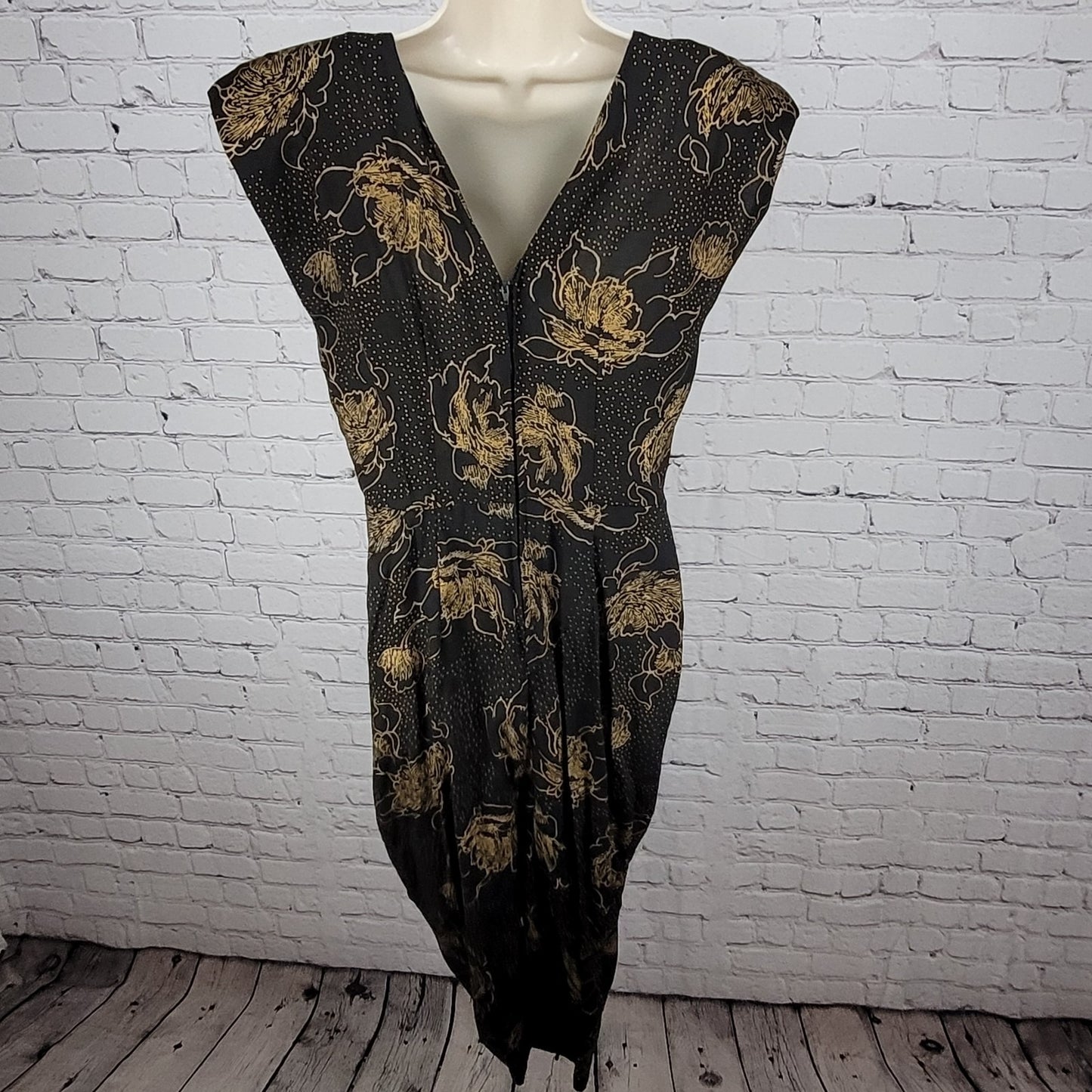 VTG Milanzo Black & Gold Floral Shoulder Pad Pegged Midi Dress USA Made Size 11