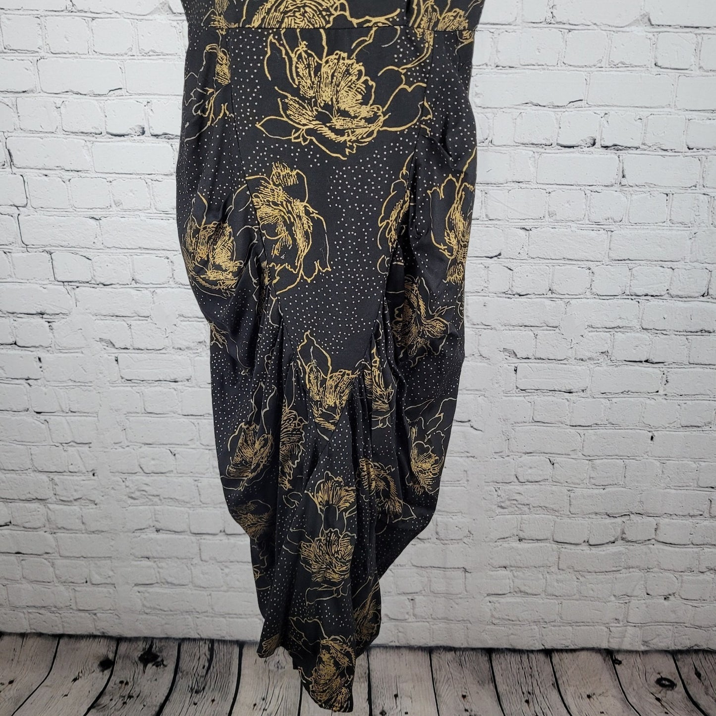 VTG Milanzo Black & Gold Floral Shoulder Pad Pegged Midi Dress USA Made Size 11